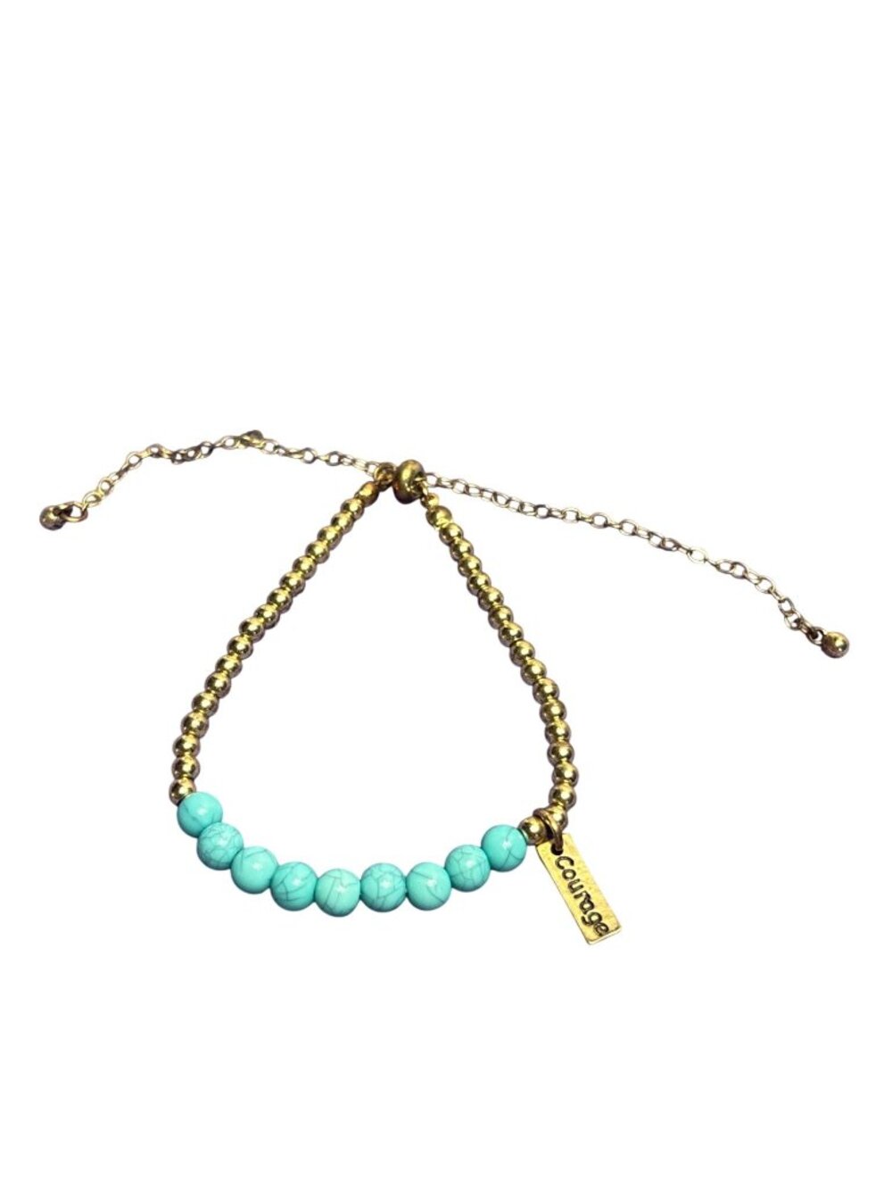 Goldtone Faux Turquoise Round Bead Adjustable Bracelet Courage Charm